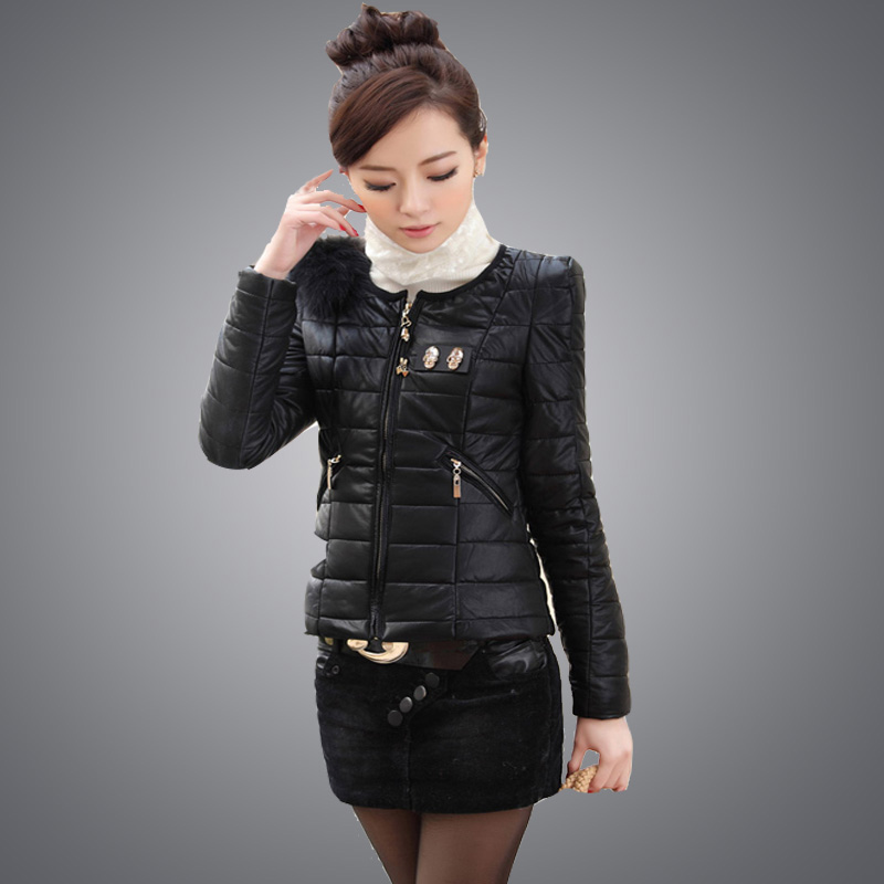 Winter new arrival women's slim leather clothing long-sleeve o-neck short design thin wadded jacket cotton-padded jacket thick