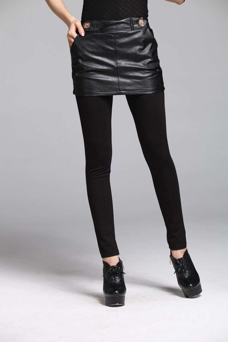 Winter new dress pants stretch pants fashion stitching leather skirt sham two piece set Leggings