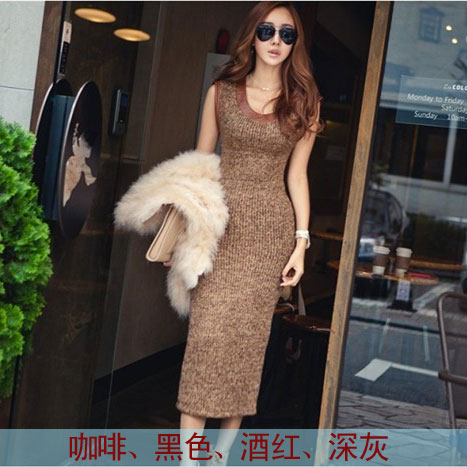 Winter one-piece dress slim hip winter dress patchwork leather rabbit fur woven vest skirt basic skirt fashion full dress thick