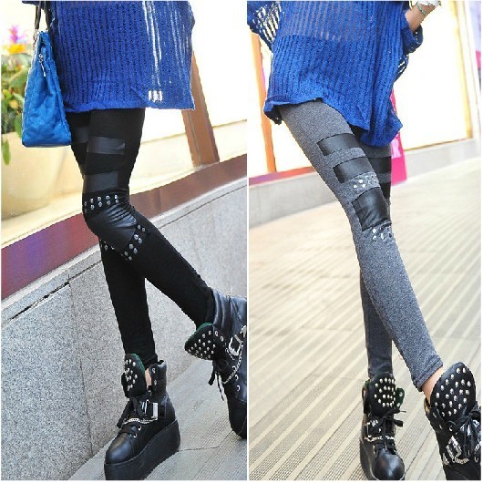 Winter pants the trend of the thick punk knee rivet faux leather patchwork legging