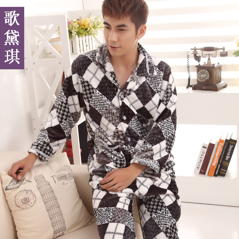 Winter paragraph long-sleeve male coral fleece sleepwear male flannel sleepwear casual lounge set at home service