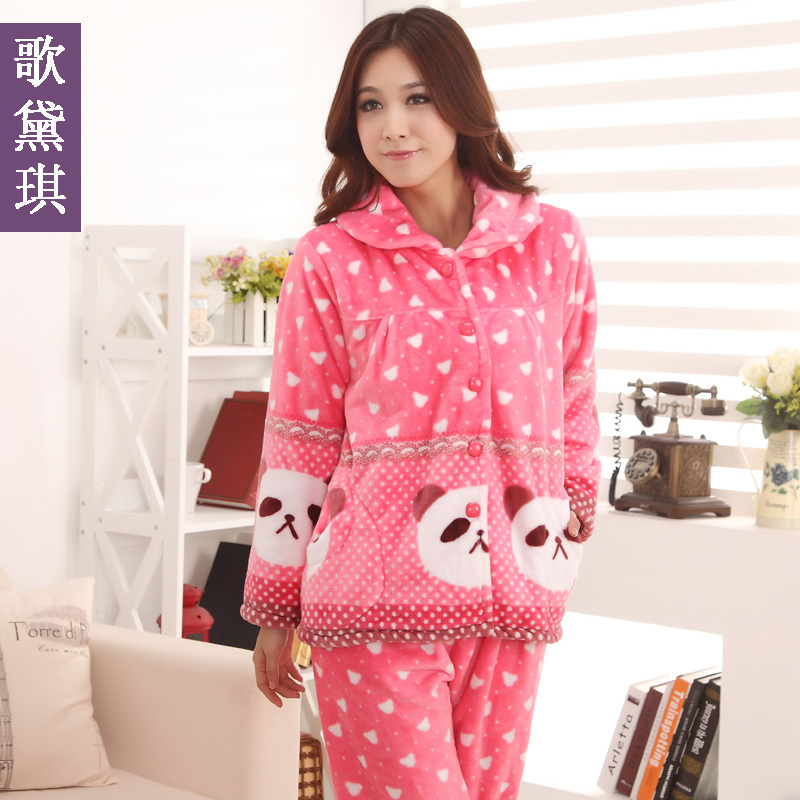 Winter paragraph long-sleeve thickening coral fleece sleepwear women's cartoon lounge sweet flannel sleepwear