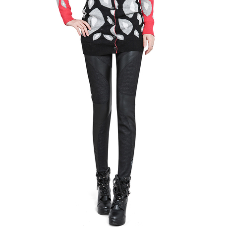 Winter plus velvet thickening legging black faux leather cotton cloth patchwork slim skinny pants slim