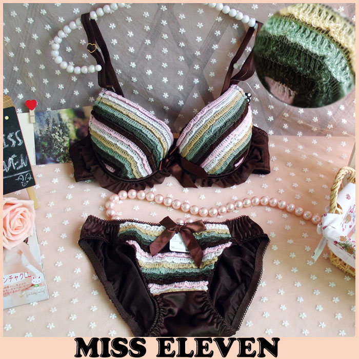 Winter plush wool colorful stripe baimuer insert push up underwear bra set