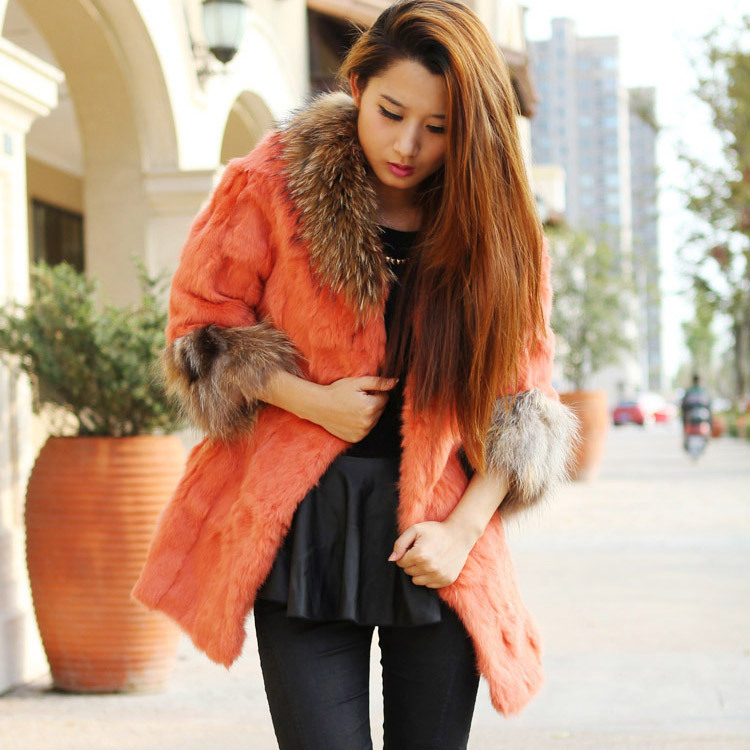 Winter rabbit fur raccoon fur three quarter sleeve fur women's medium-long outerwear