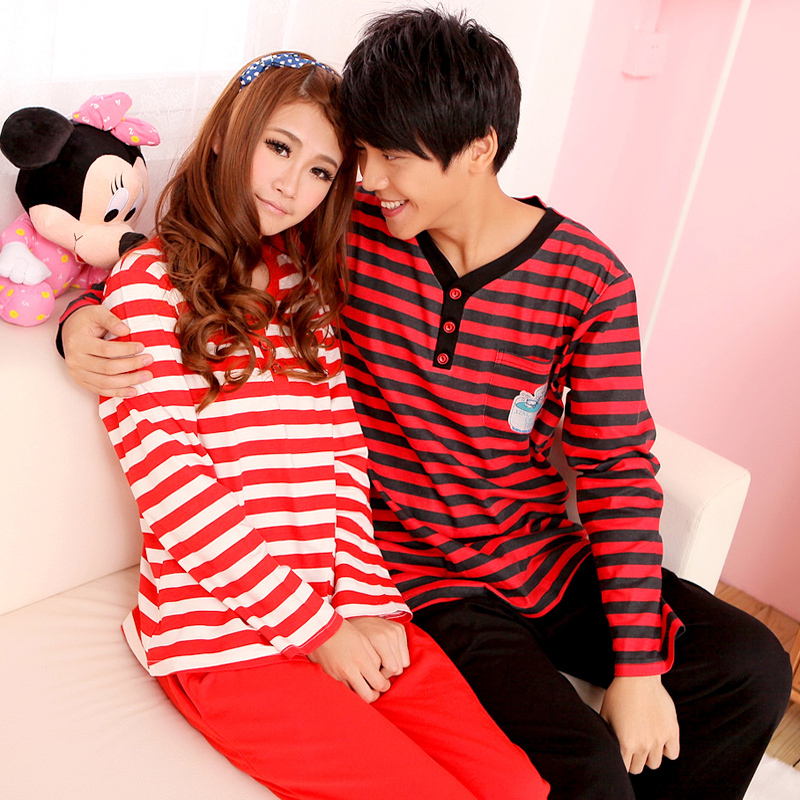 Winter red stripe autumn lounge long-sleeve married sleepwear male women's lovers sleepwear