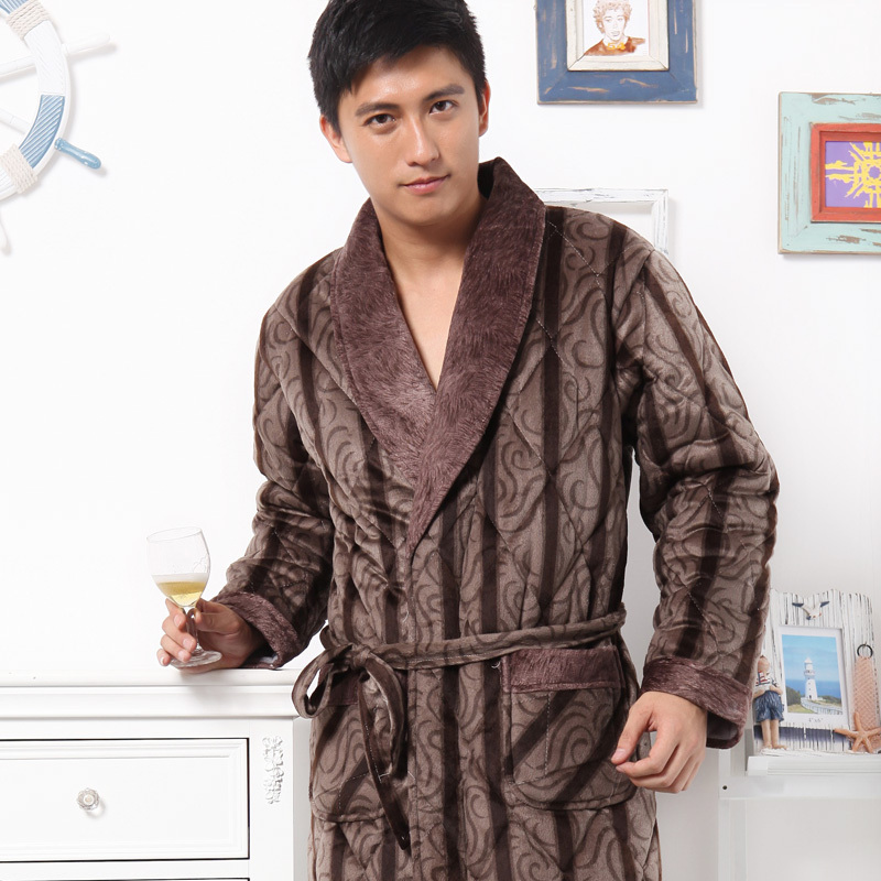 Winter robe Men thickening cotton-padded lounge male noble coral fleece thermal sleepwear