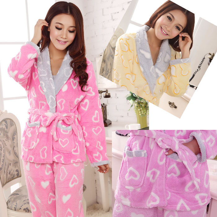 Winter sleepwear female thickening coral fleece long-sleeve heart large lapel kimono set sleepwear lounge