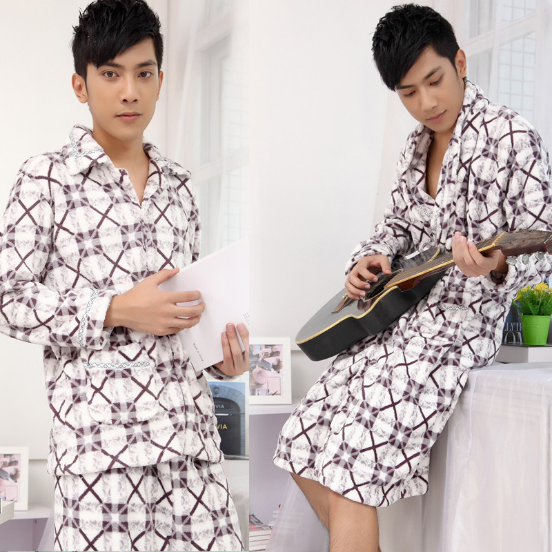 Winter sleepwear male coral fleece casual plaid long-sleeve robe bathrobes lounge set