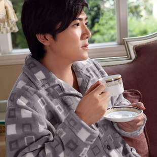 Winter sleepwear male coral fleece thickening edition small plaid pattern long-sleeve set lounge