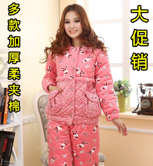 Winter sleepwear women's cartoon bear super soft coral fleece thickening cotton-padded sleepwear lounge set