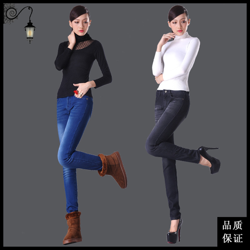 Winter slim quality compound plus velvet jeans pencil pants dark color boot cut jeans