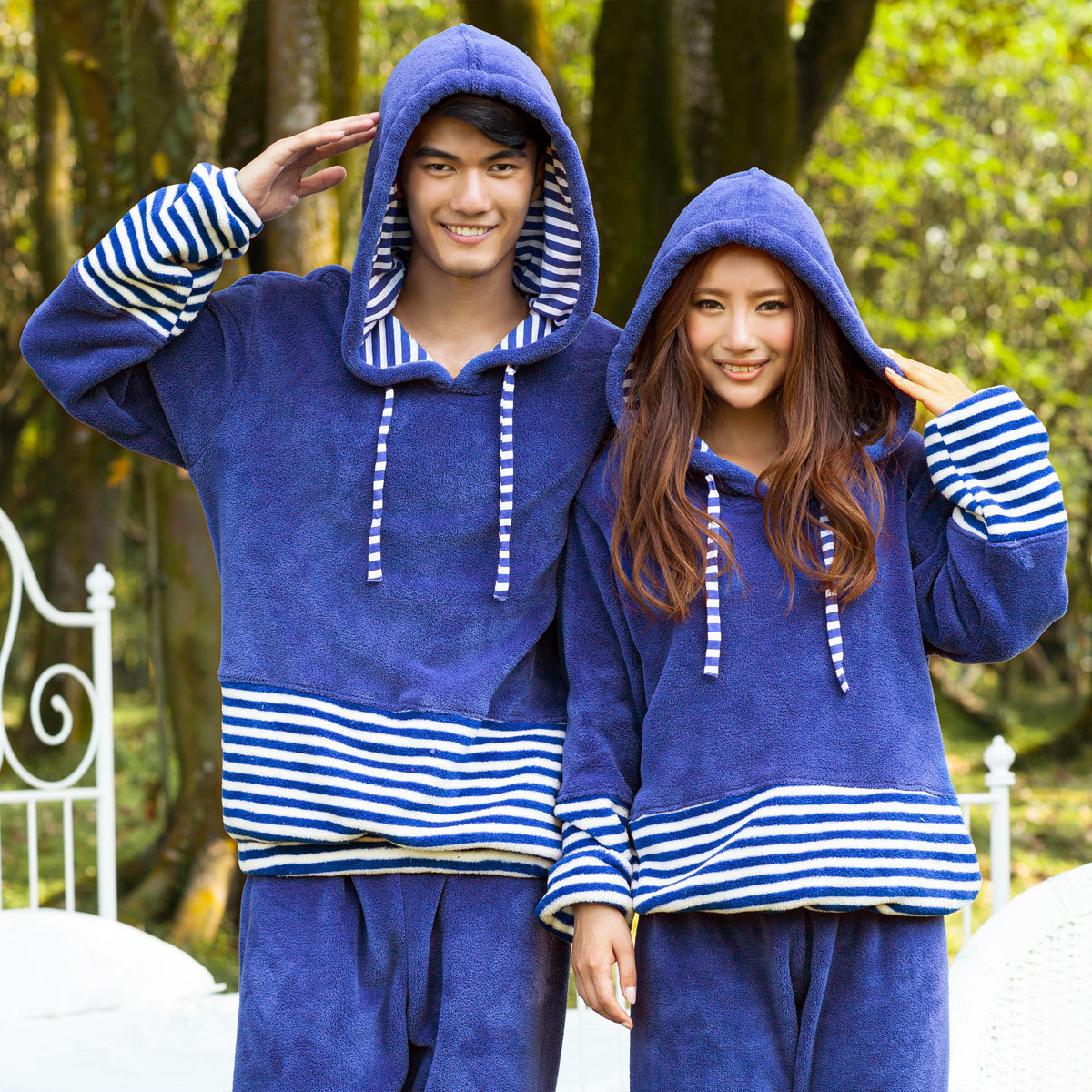 Winter song riel blue lover coral fleece stripe with a hood lovers sleepwear shuiyi thickening lounge set