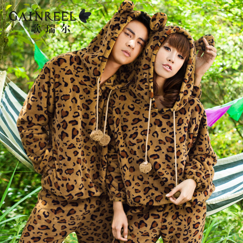 Winter song riel lovers female male leopard print animal coral fleece thickening sleepwear lounge set