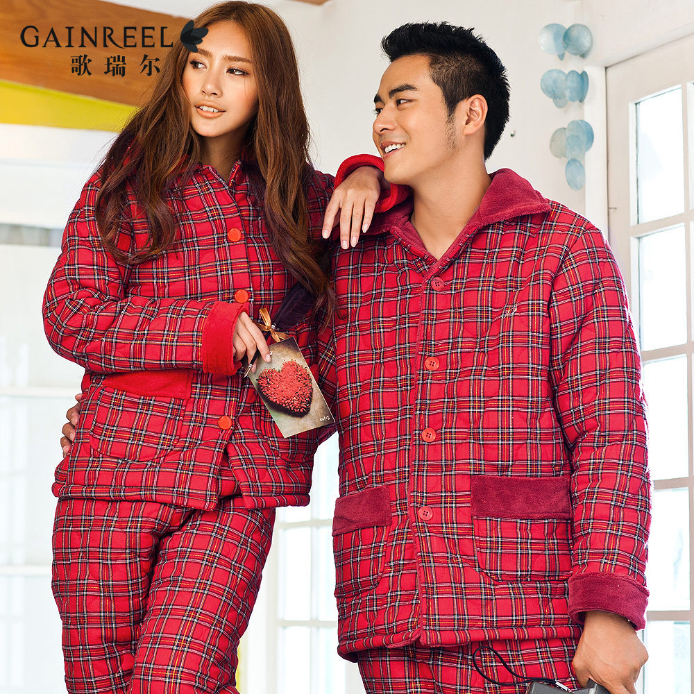 Winter song riel thickening cotton-padded red married sleepwear plaid long-sleeve lovers lounge set