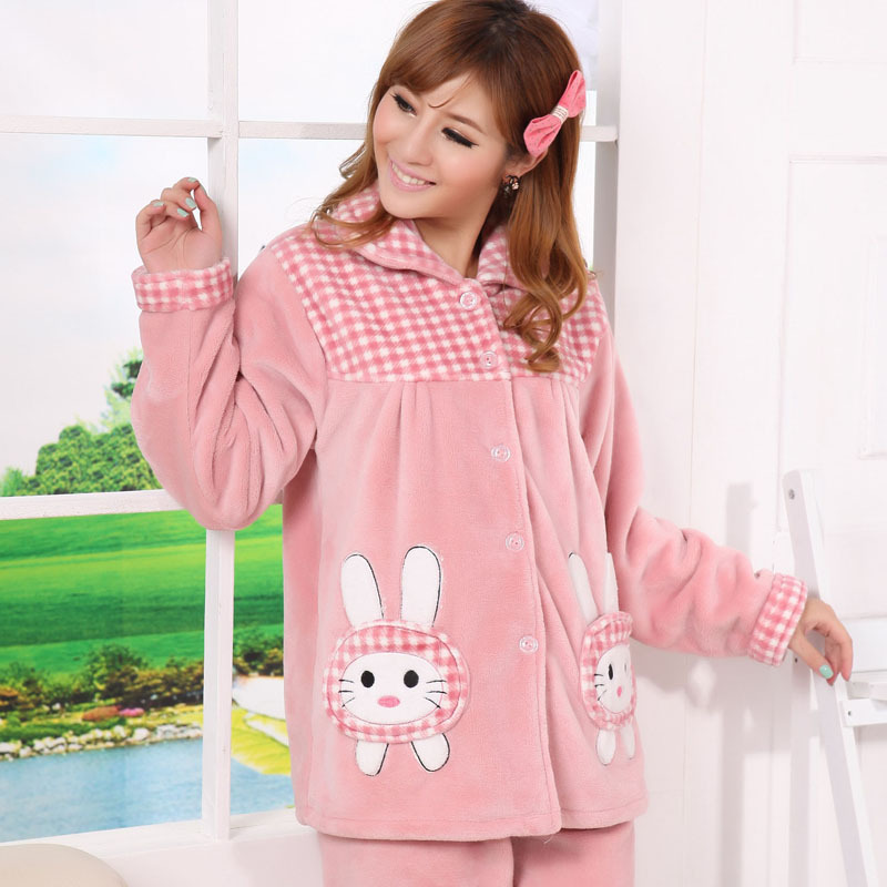 Winter thermal coral fleece sleepwear thickening women's lounge set