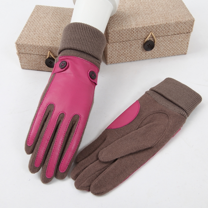 Winter thermal genuine leather sheepskin patchwork buckle screw wool gloves