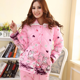 Winter thermal thickening cotton-padded sleepwear cartoon women's long-sleeve coral fleece lounge set