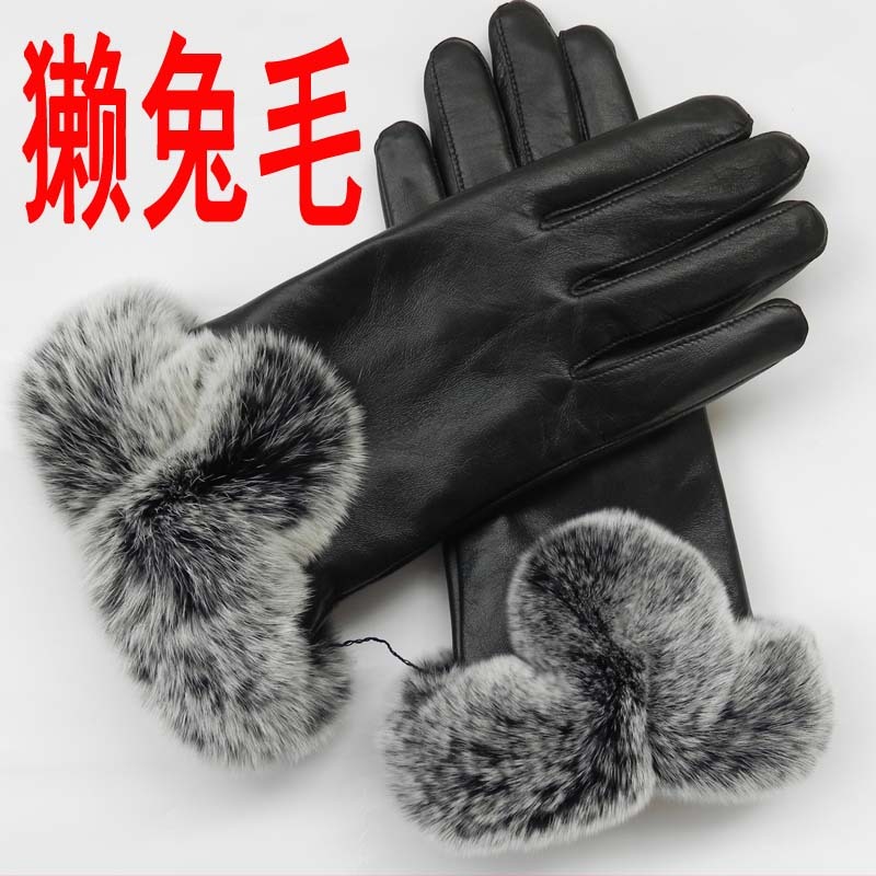 Winter thermal women's sheepskin rex rabbit hair gloves short design genuine leather gloves women's fashion rex rabbit hair