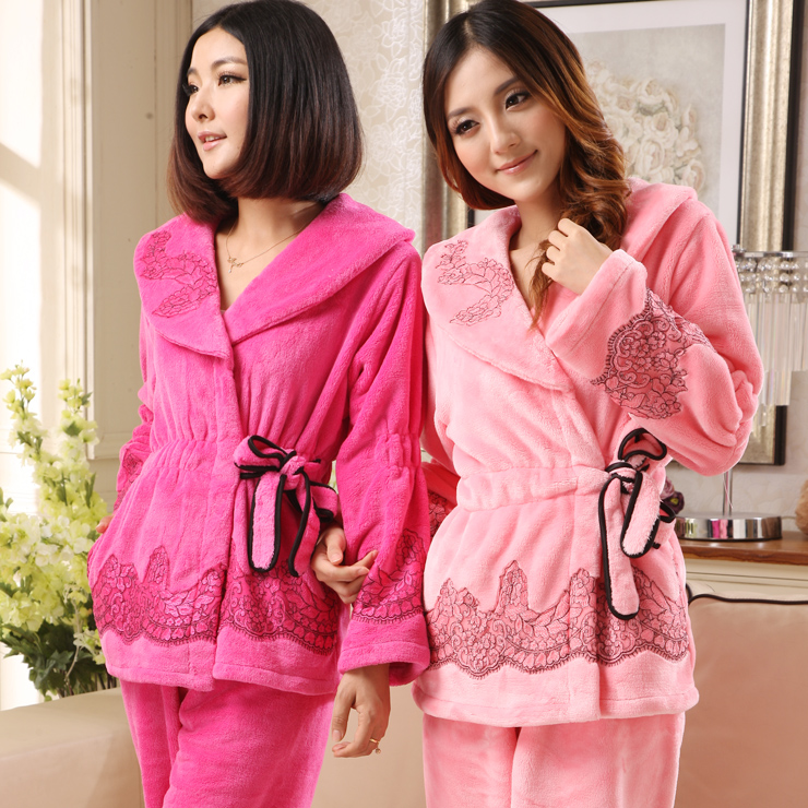 Winter thickening coral fleece sleep set lounge women's belt paragraph sexy at home service