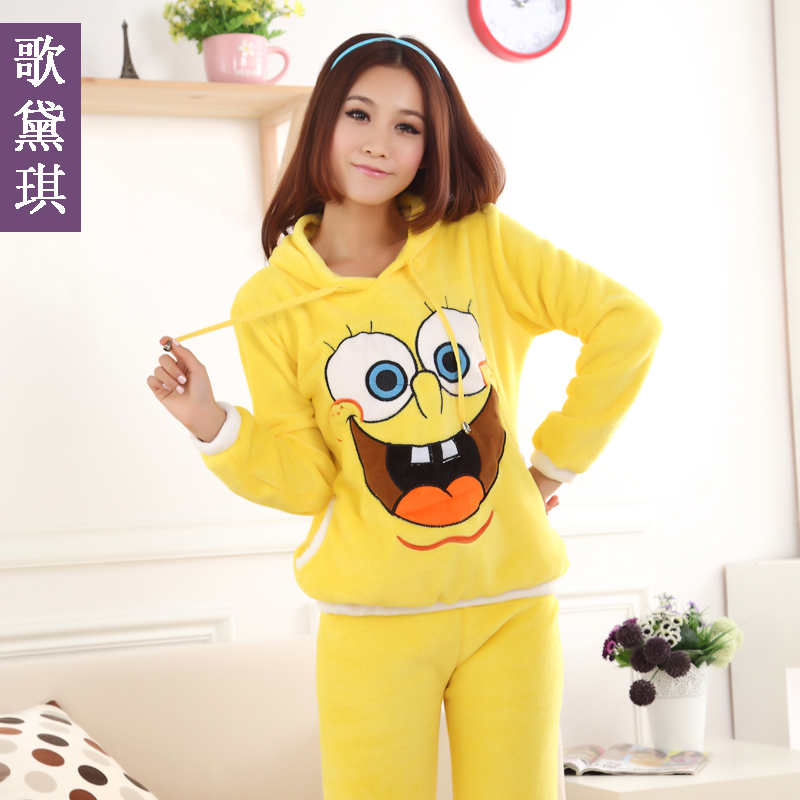 Winter thickening coral fleece sleepwear women's cartoon lounge set long