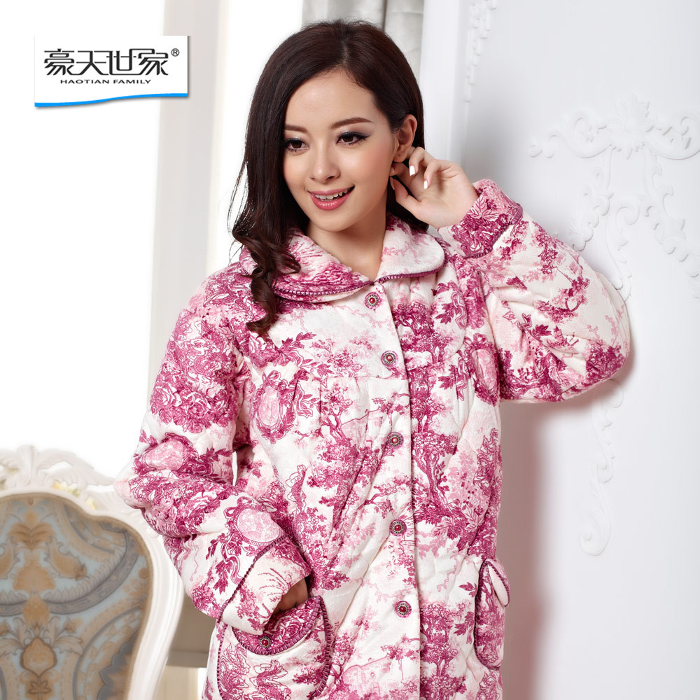 Winter thickening cotton-padded sleepwear thermal flower women's lounge