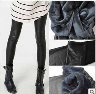 Winter thickening infrared coral fleece double layer thermal faux leather legging ankle length trousers