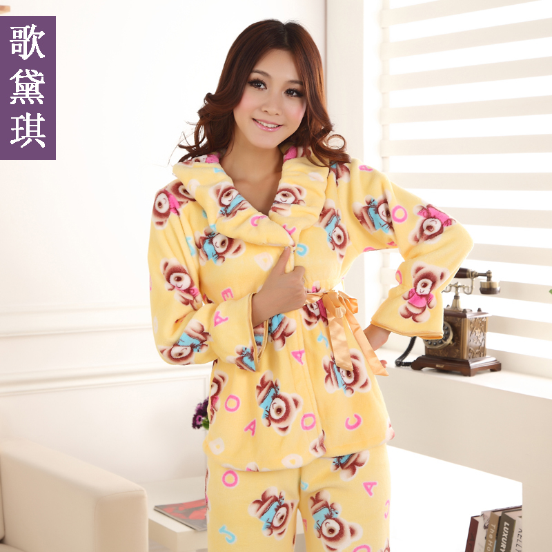 Winter thickening long-sleeve coral fleece sleepwear women's lounge set flower at home service