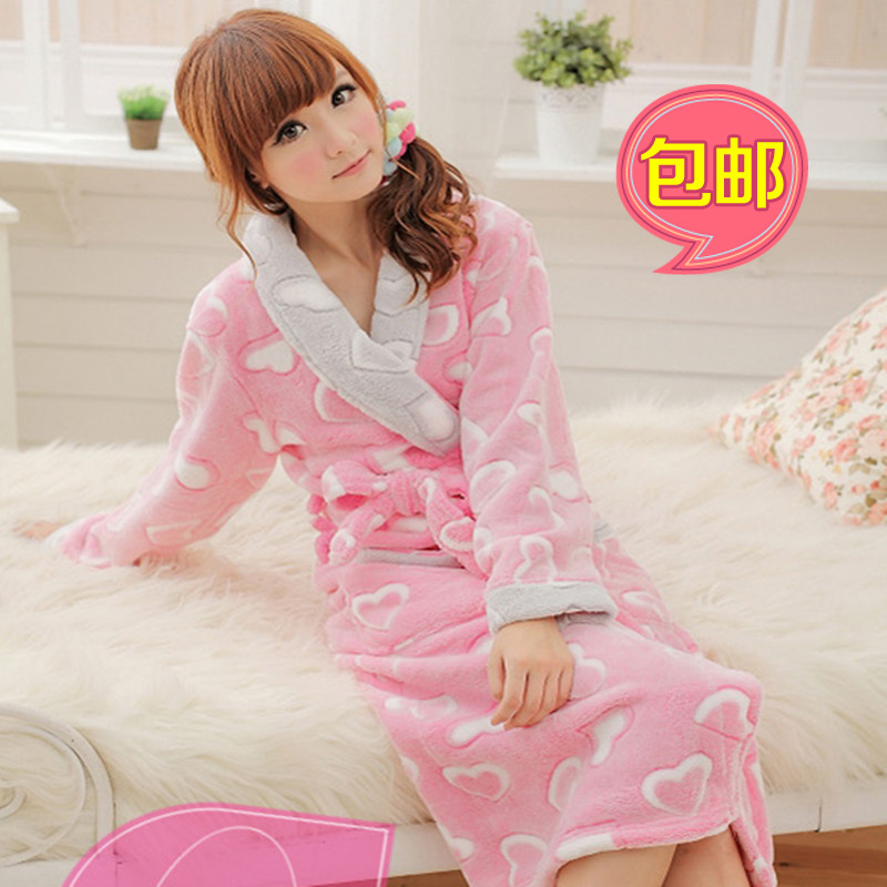 Winter thickening long-sleeve love coral fleece thermal sleepwear nightgown robe bathrobes lounge