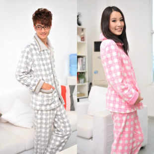 Winter thickening lovers coral fleece sleepwear women's plaid split sleep set lounge