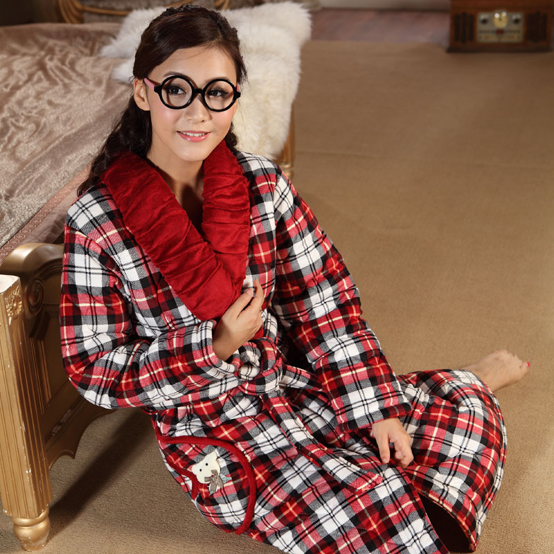 Winter thickening plaid thermal sleepwear women's coral fleece cotton-padded robe bathrobes lounge