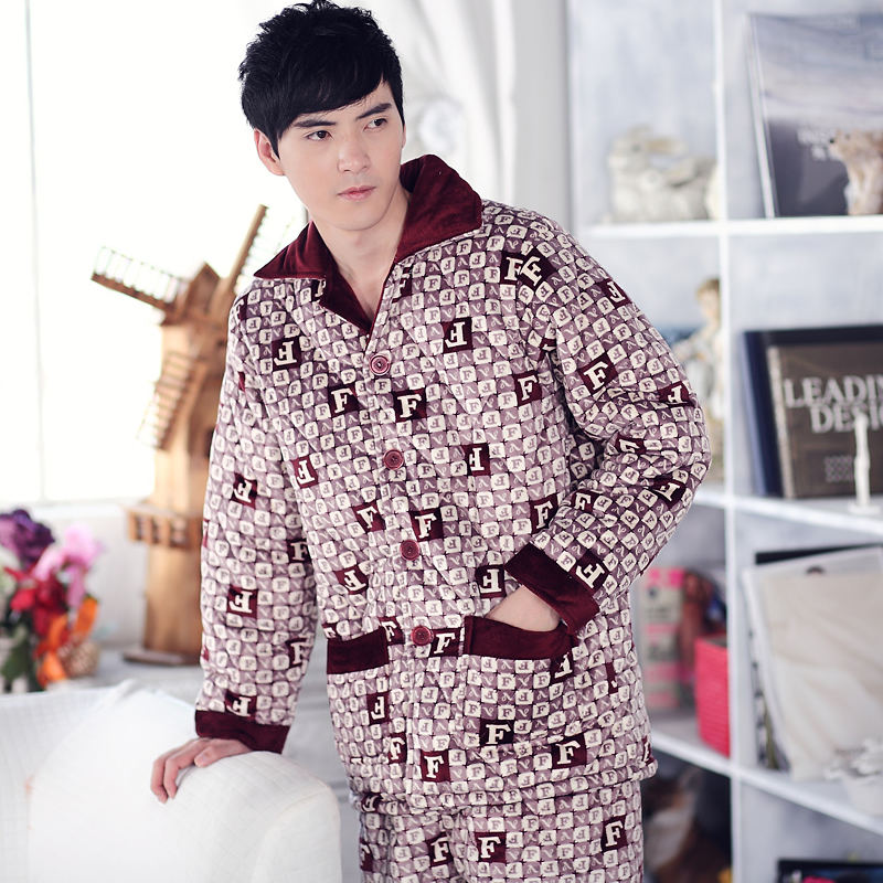 Winter thickening plus size cotton-padded jacket lounge thickening coral fleece cotton-padded male sleep set