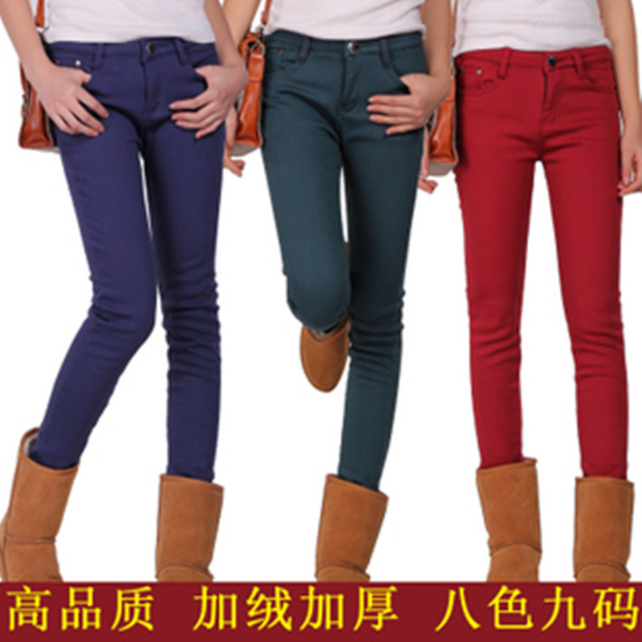 winter thickening plus velvet elastic mid waist jeans trousers female trousers skinny pants pencil pants boot cut jeans 9 sizes