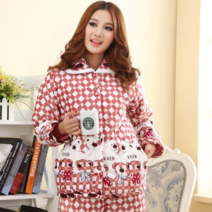 Winter thickening thermal rgxzr cotton-padded female coral fleece sleepwear plaid set long-sleeve lounge