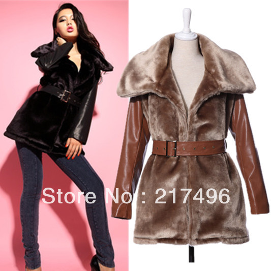 winter thicker faux rabbit fur collar patchwork leather long design outerwear cardigan overcoat with belt  2 colors women coat