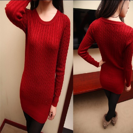 Winter vintage women's thickening of small twist o-neck pullover medium-long slim hip basic sweater (WC005)