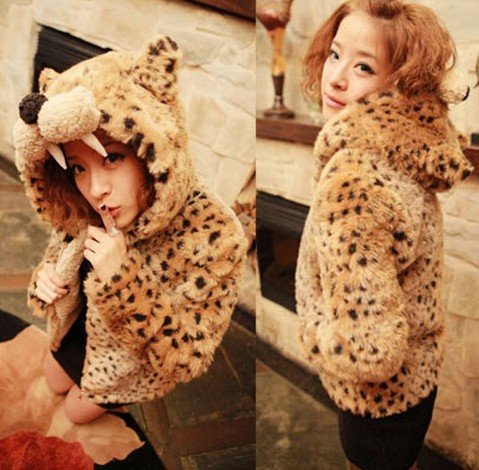 Winter Warm Hot Sale Leopard Patterned Tiger Tooth Hooded Fur Coat Free Shipping