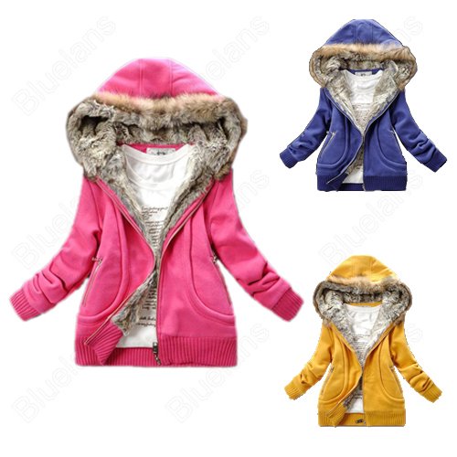 Winter Warm Womens Korean Style Faux Fur Lining Hooded Cusual Outwear Coat Jacket