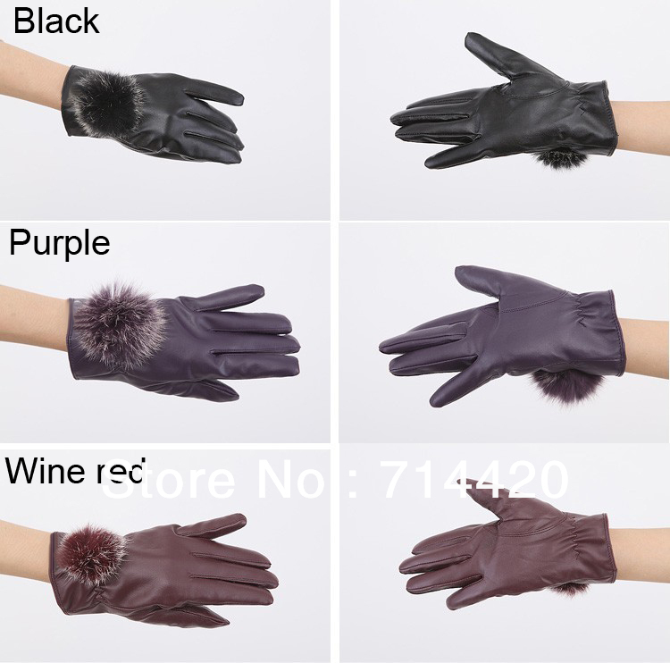 Winter Warmer Women's Synthetic Leather Gloves With Faux Rabbit Fur