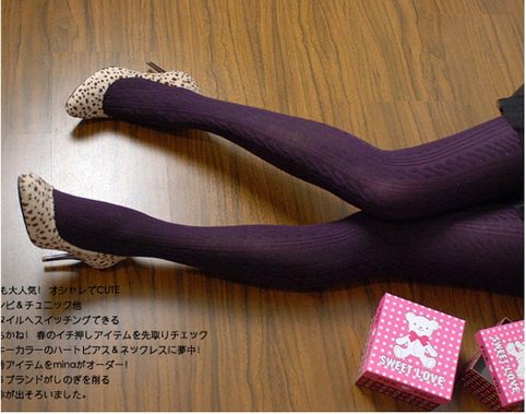 Winter wild colored linen pattern cotton pantyhose purple