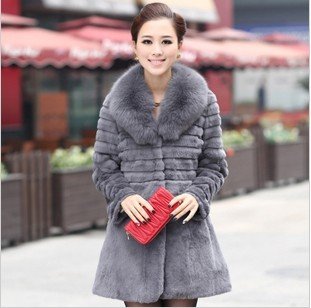 Winter Women Fashion Real Rabbit Fur Coat with Fox Collar Overcoat Fur Garment