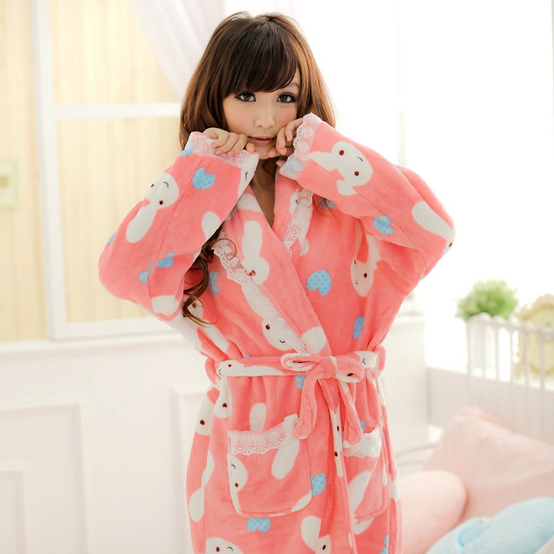 Winter women's 100% cotton sleepwear coral fleece robe shrimp robe rabbit bathrobes