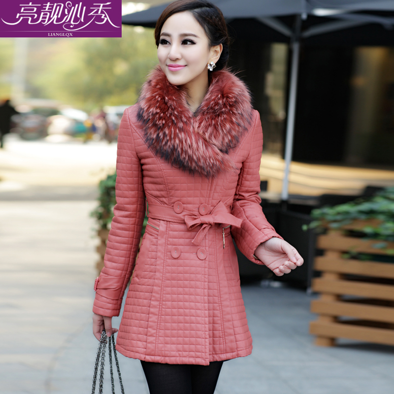 Winter women's 2012 PU medium-long slim large fur collar leather clothing outerwear female