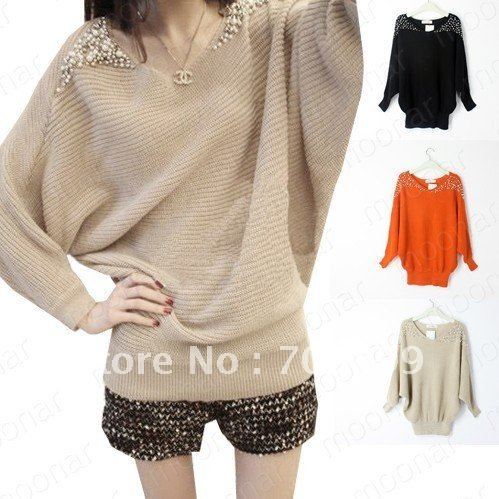 Winter Women's Beads Knitwear Knit Sweater Batwing Sleeve Smocked Tops Blouses E0890