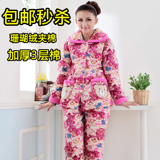 Winter women's cartoon bear thickening coral fleece cotton-padded cotton sleep set lounge