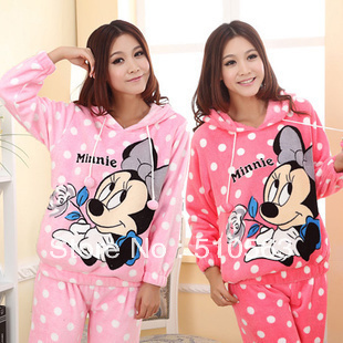 Winter women's coral fleece sleepwear cartoon MICKEY MOUSE long-sleeve thickening with a hood female lounge set