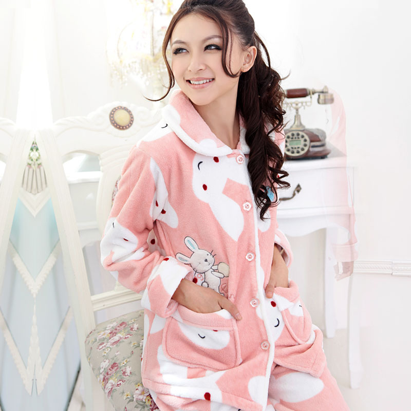 Winter women's coral fleece sleepwear female thickening set winter Women long-sleeve lounge