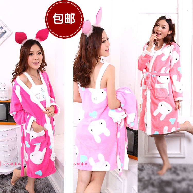 Winter women's coral fleece sleepwear long-sleeve twinset rabbit robe spaghetti strap set lounge