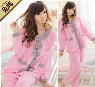 Winter women's coral fleece sleepwear sweet powder long-sleeve lounge set