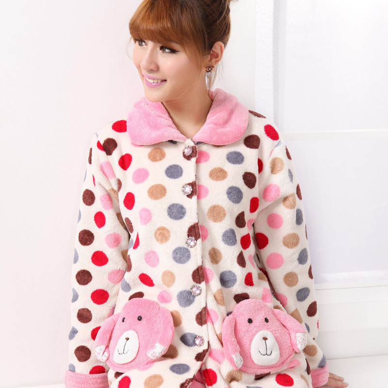 Winter women's coral fleece sweet lovely sleepwear thermal twinset Women lounge